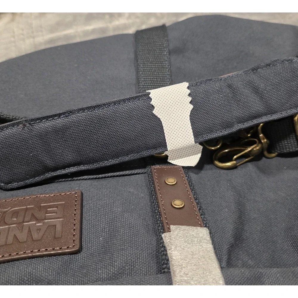 Lands End Navy Blue Canvas & Brown Leather Weekender Duffle Bag Tote NEW